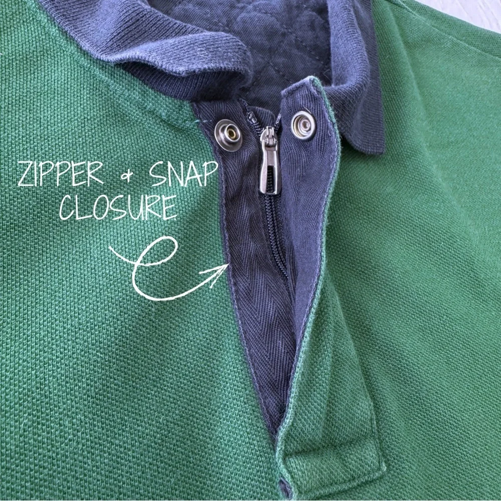Polo Ralph Lauren Men’s Vintage Green Polo L Navy Collar Zip Snap‎ Closure EUC